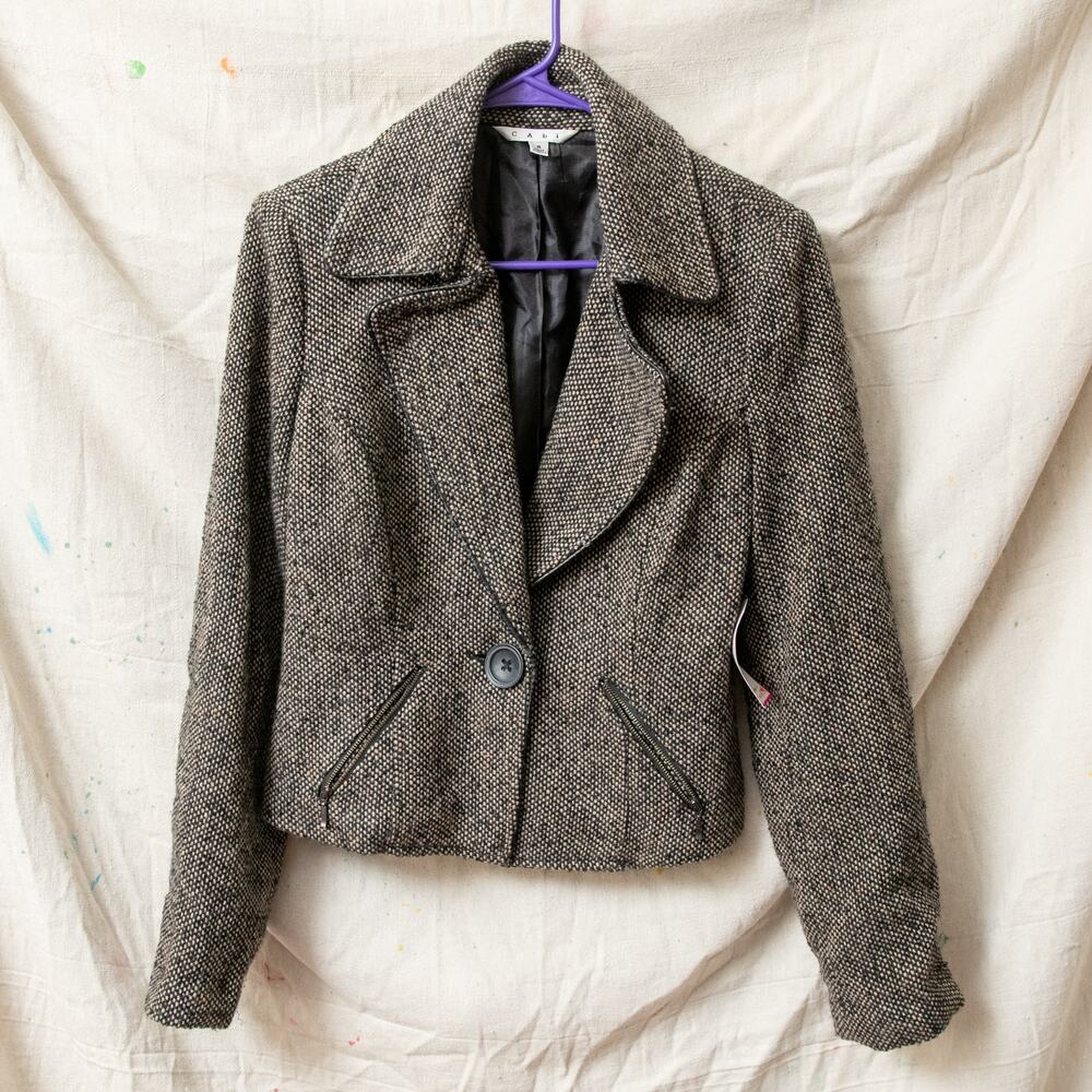NWT CAbi Tweed Biker Moto Jacket Sz 8 Cropped Brown Black Lined Slash Pocket Zip